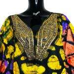 (One Size) African Print Multicolor Long Loose Fit Kaftan/ Agbada w/ Gold Beaded Embroidery - Image 4