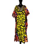 (One Size) African Print Multicolor Long Loose Fit Kaftan/ Agbada w/ Gold Beaded Embroidery