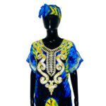(L/XL) Blue & Yellow African Kaftan Embroidered Women Long Loose Fit Dress w/ Scarf - Image 2