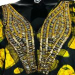 (One Size) African Print Multicolor Long Loose Fit Kaftan/ Agbada w/ Gold Beaded Embroidery - Image 5