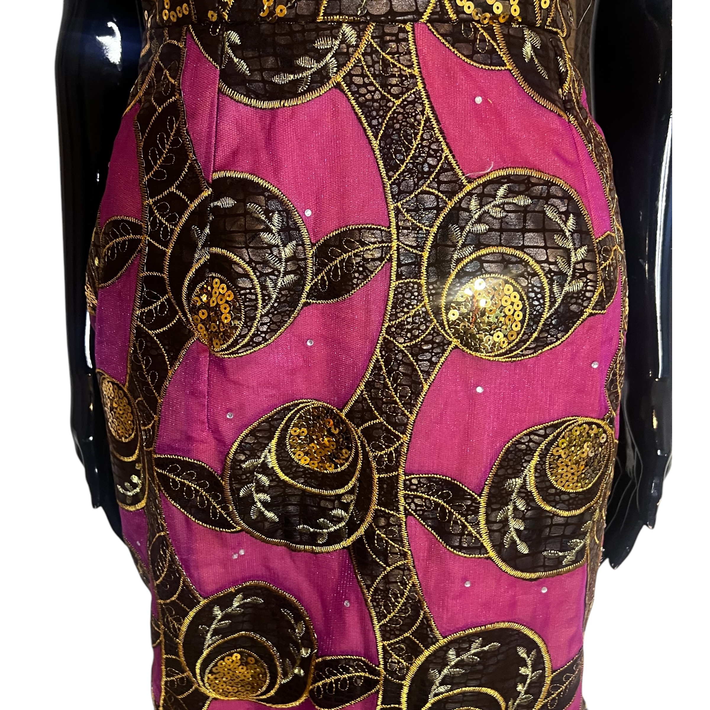 (M/S)African Nigerian Traditional Form Fitting Purple & Pink Off Shoulder, Long Dress - Image 4