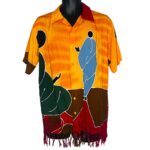 (L)Men Colorful Collar Shirt w/Traditinal People & Fringes Ends