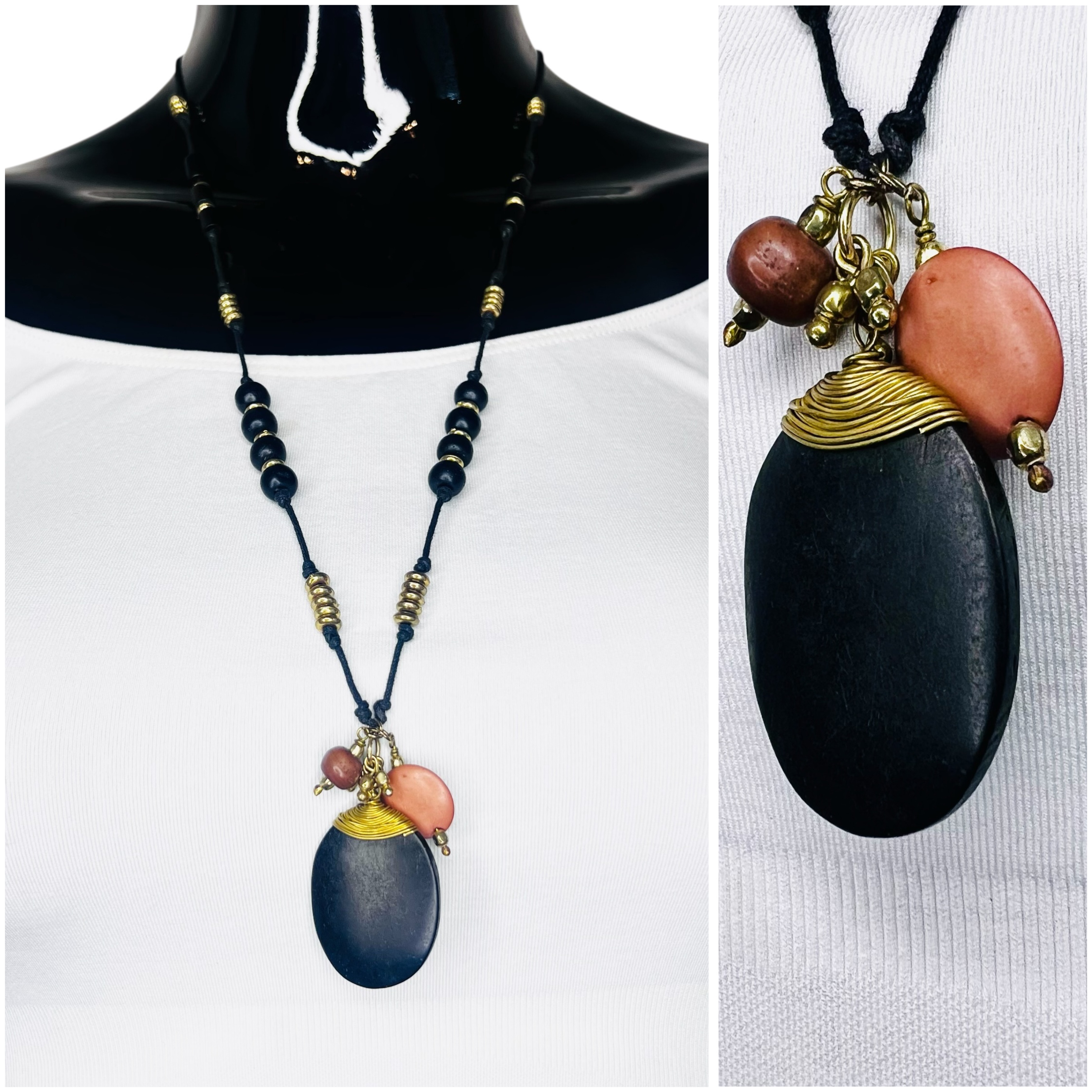 Black & Gold Beaded Long Necklace w/ Oval Shaped Pendent