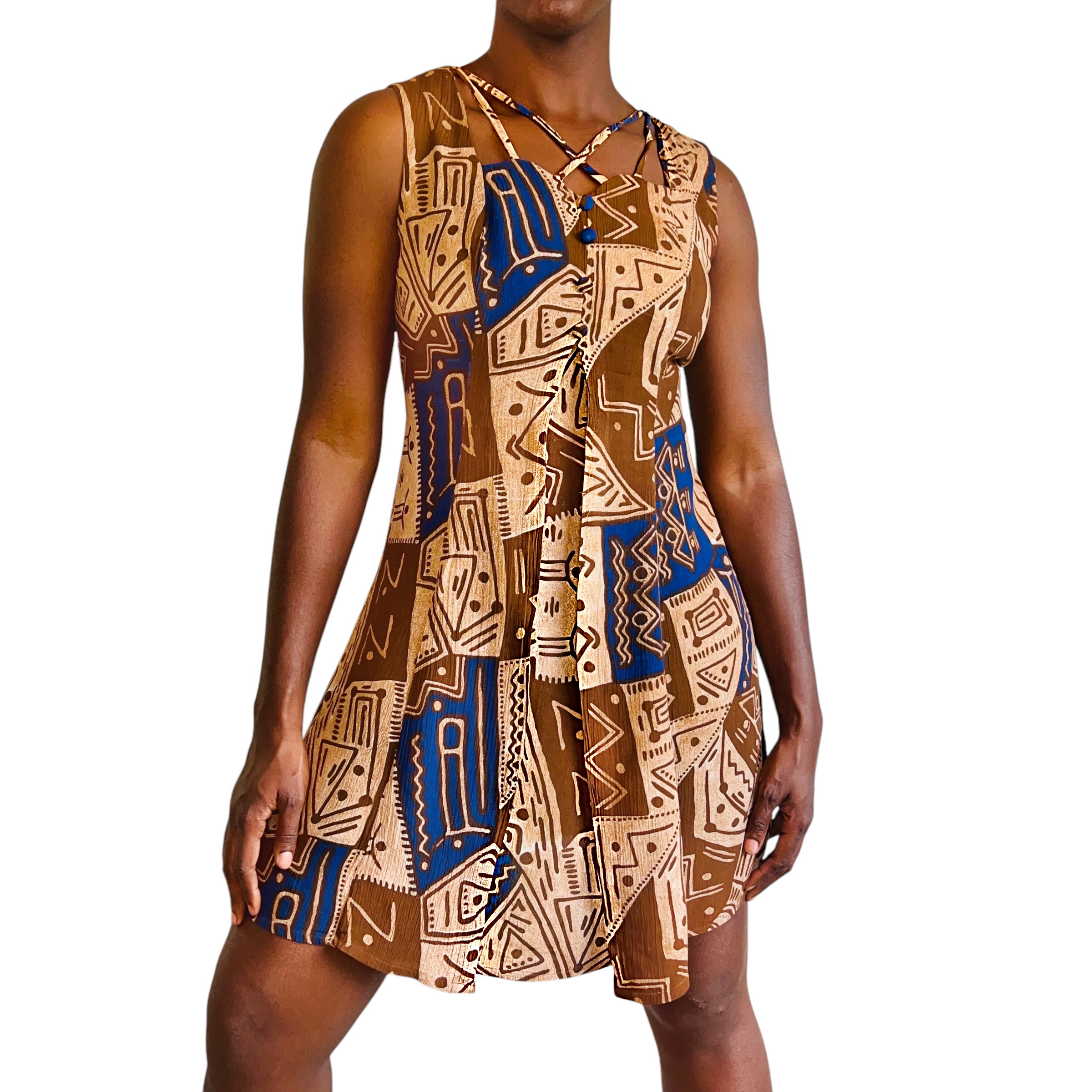 (Large) Abstract Print Light Brown & Blue Women 90s Vintage Flair Dress