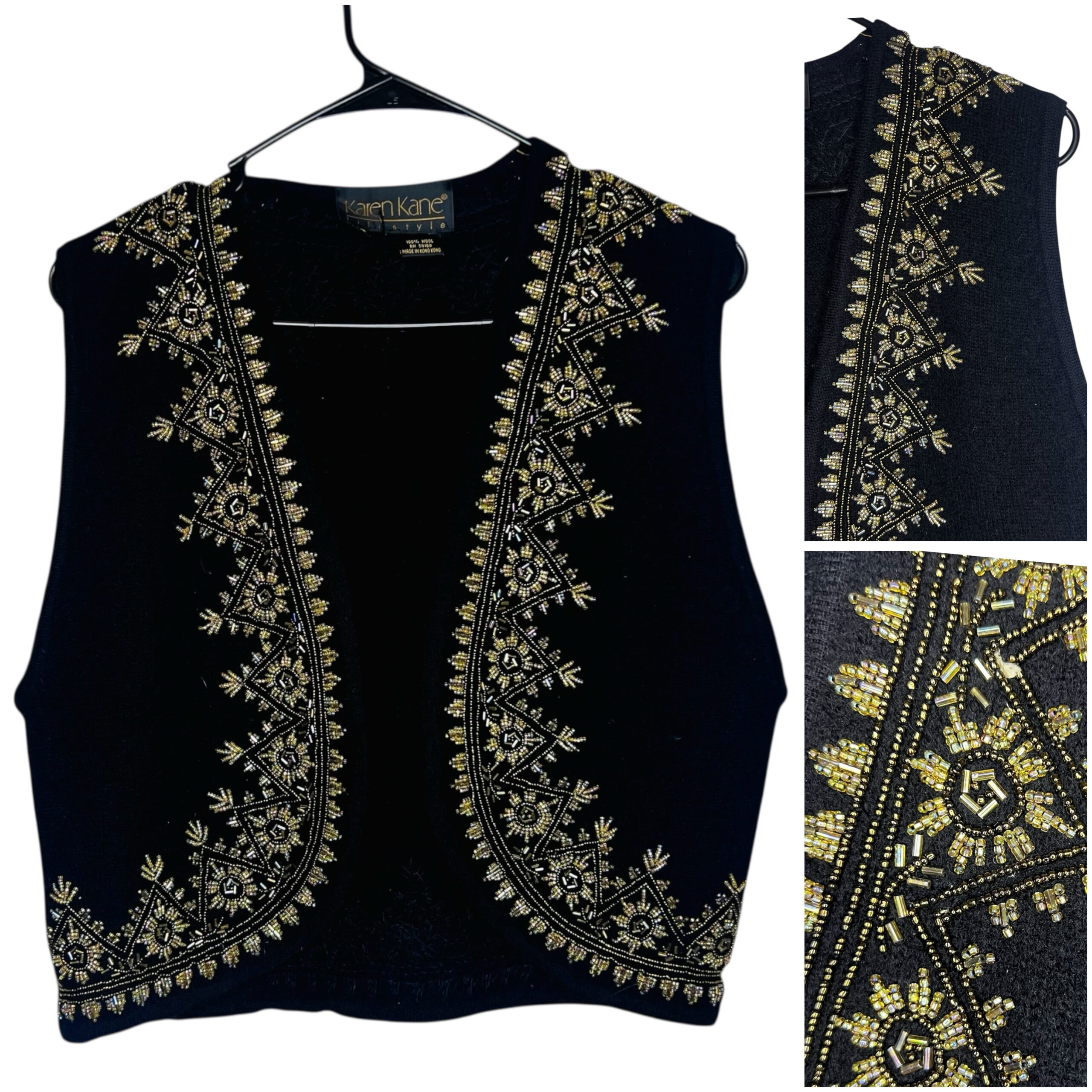 (S/M) Black Wool Women Vintage Vest w/ Bronze & Silver Embroidered Beading
