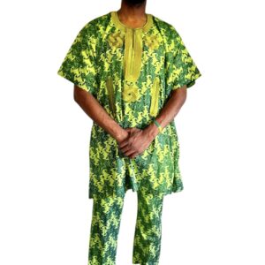 (2XL) African Nigerian Print Men Agbada Two Piece Kaftan/ Shirt & Pants