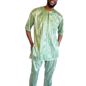 (L/XL) African Men Lace & Senator Style Nigerian Mint Green Shirt & Pants