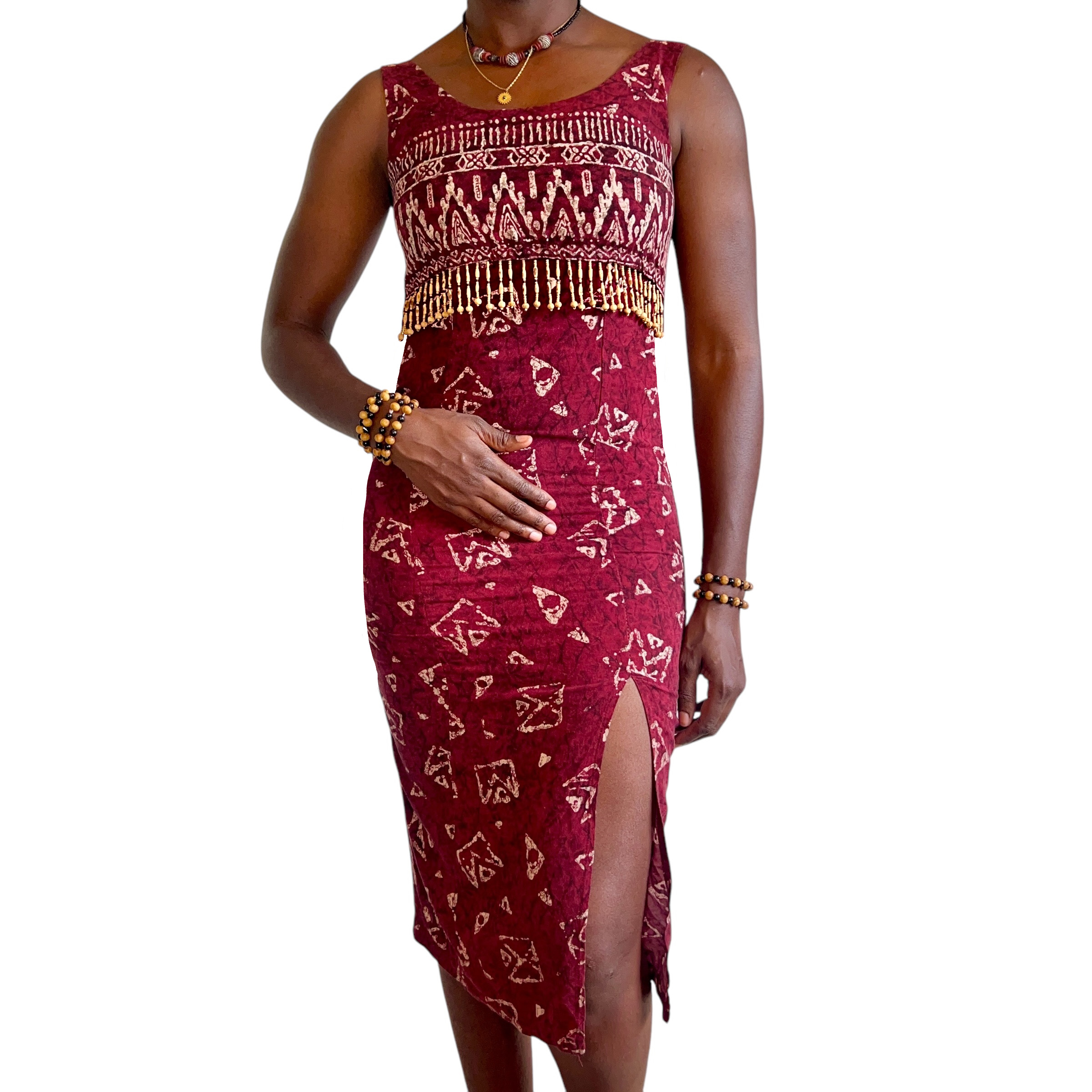 (M/L) Maroon Vintage Women Ethic Brown Beaded Midi Dress