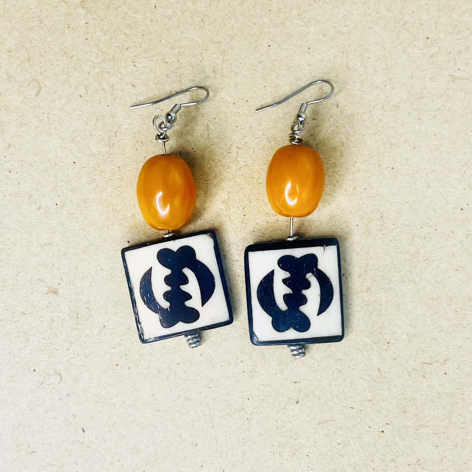 Ghana Adinkra Symbol Women Orange, Black, and White Earrings
