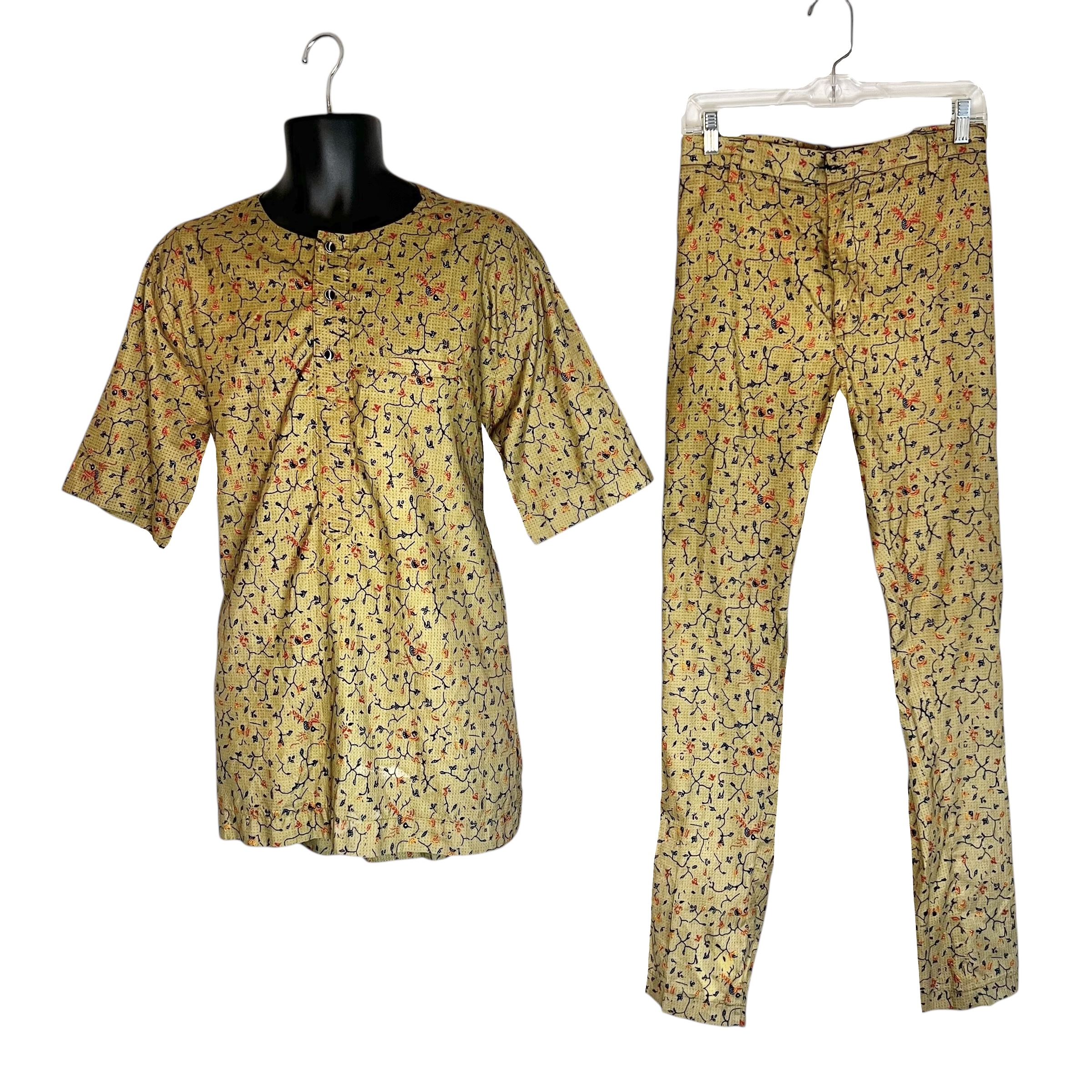 (Large) Mustard Green African Print Men Two Piece Set Shirt & Top