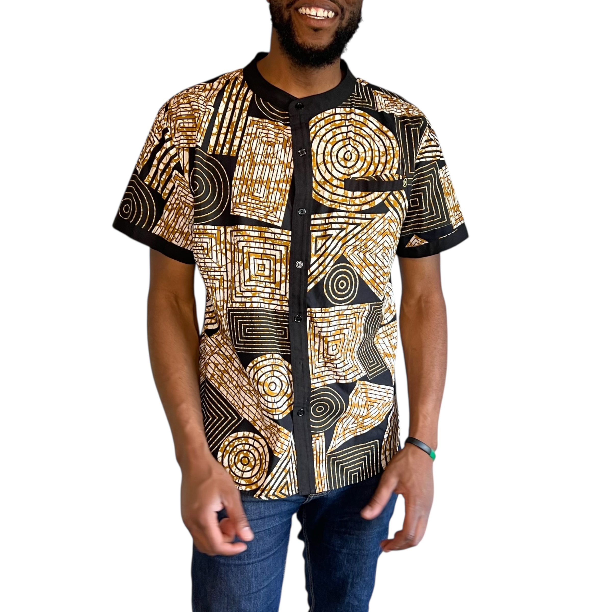 (XL) Black & Brown African Buttoned Men Shirt