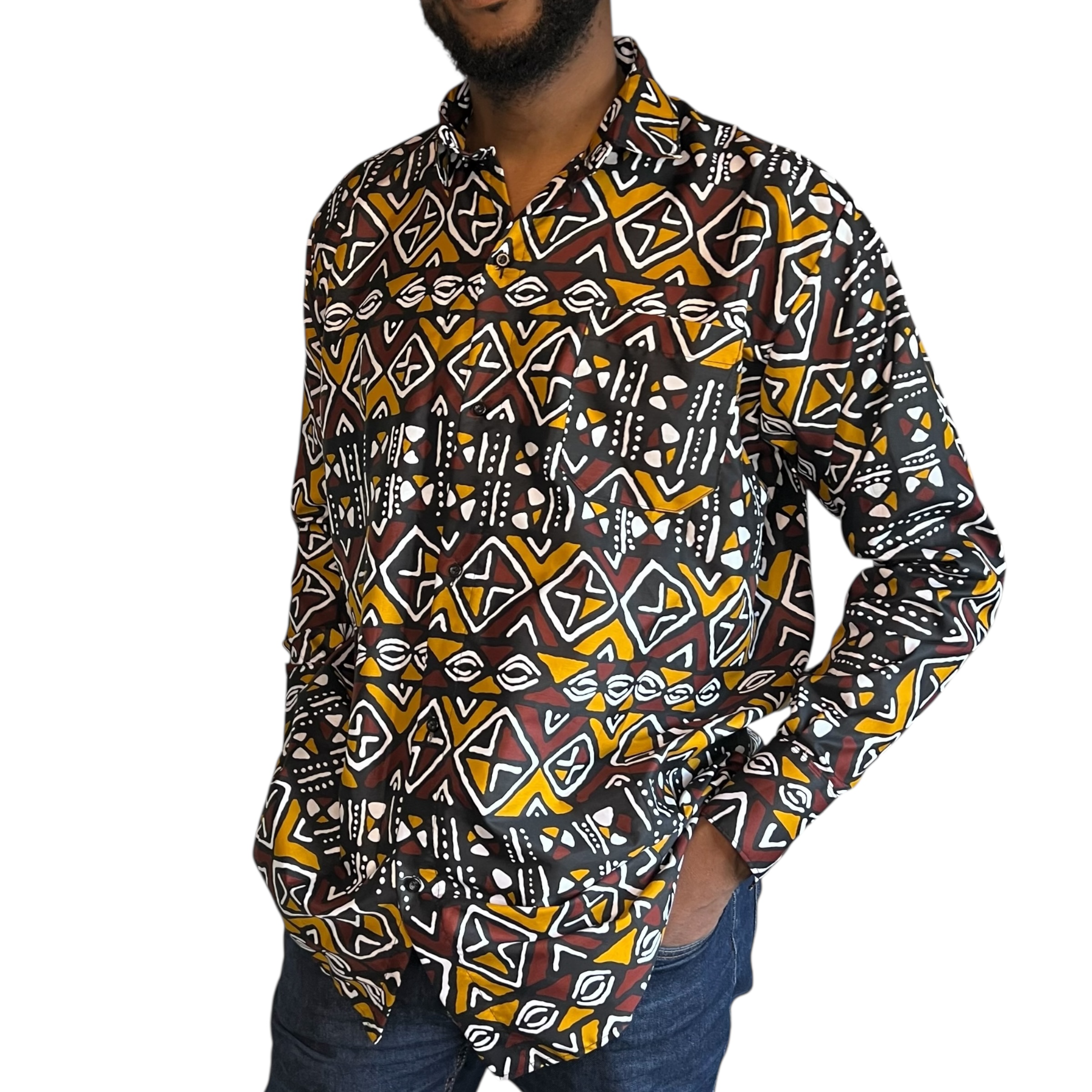 (2XL) Brown & Burnt Orange Men Long Sleeve African Print Collar Shirt