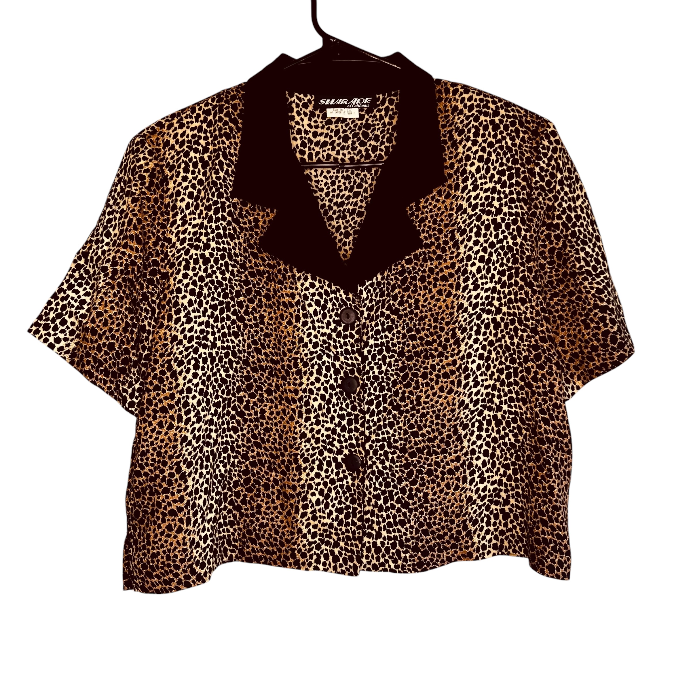 (Large) Brown & Black Cheetah Print 90s Vintage Shirt w/ Black Collar Detail