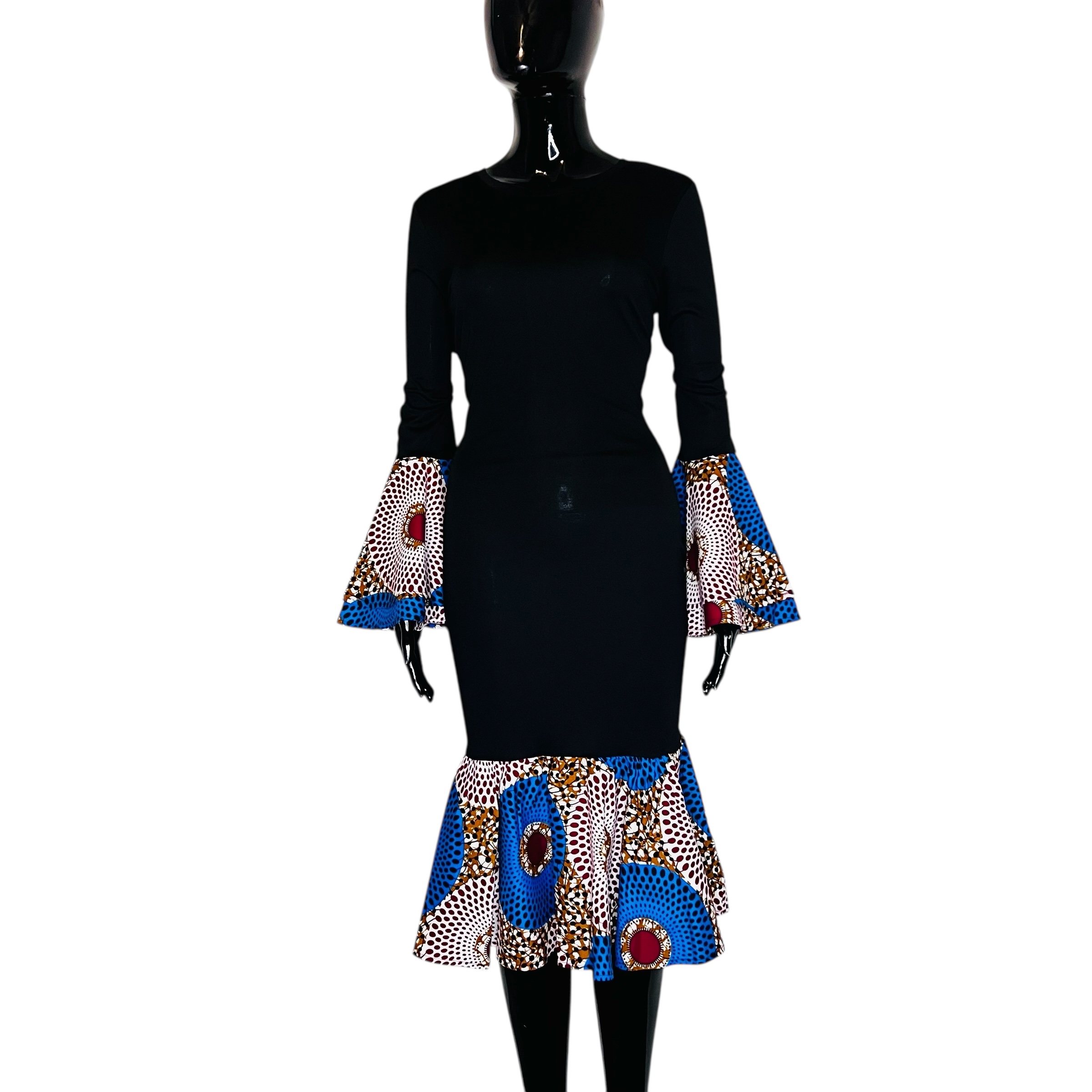 (One Size) Stretchy Fitted Black African Midi Dress w/ Multi Colored Ankara Print Detail