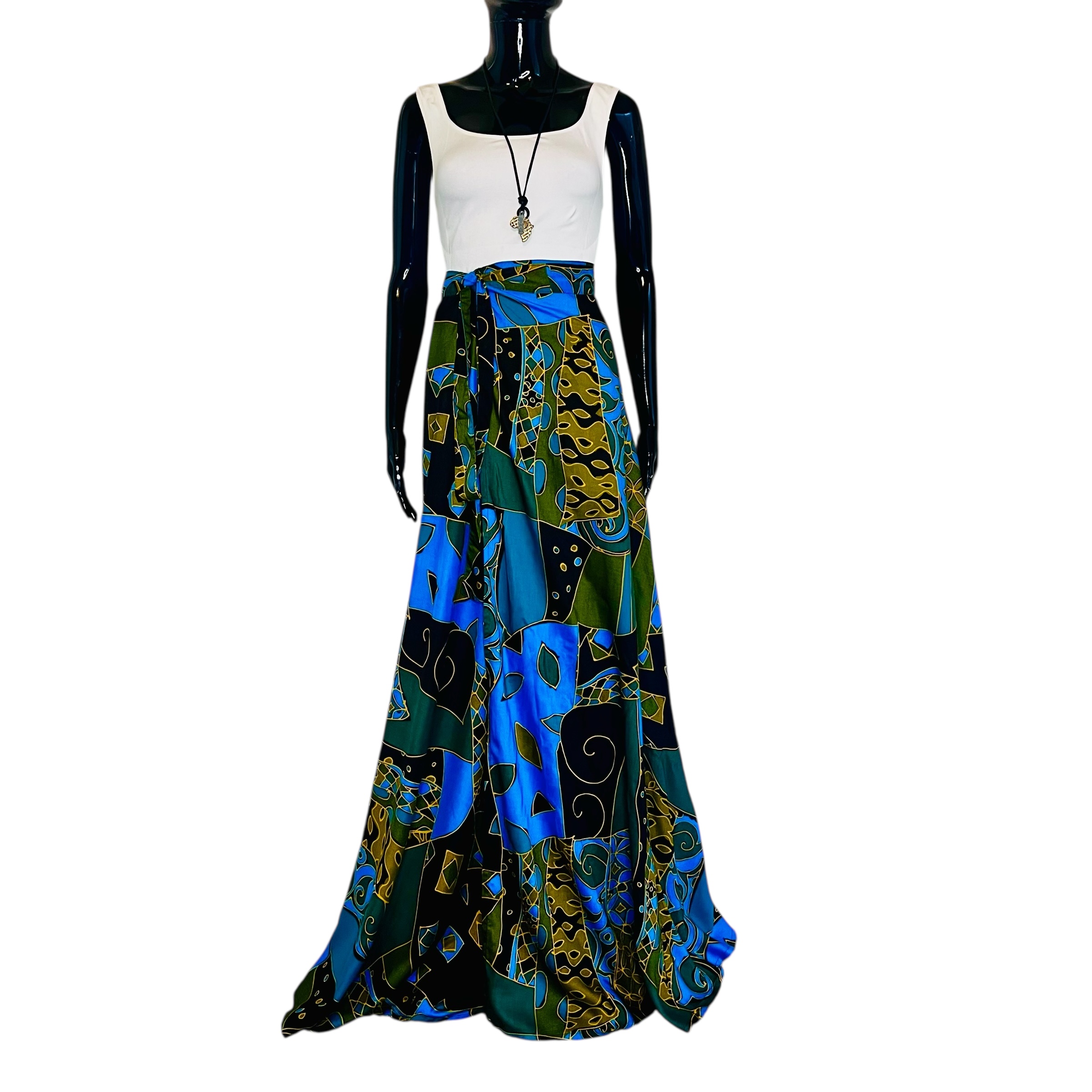 (One Size) Long Flowing Blue, Yellow, & Green Women African Print Wrapper Skirt