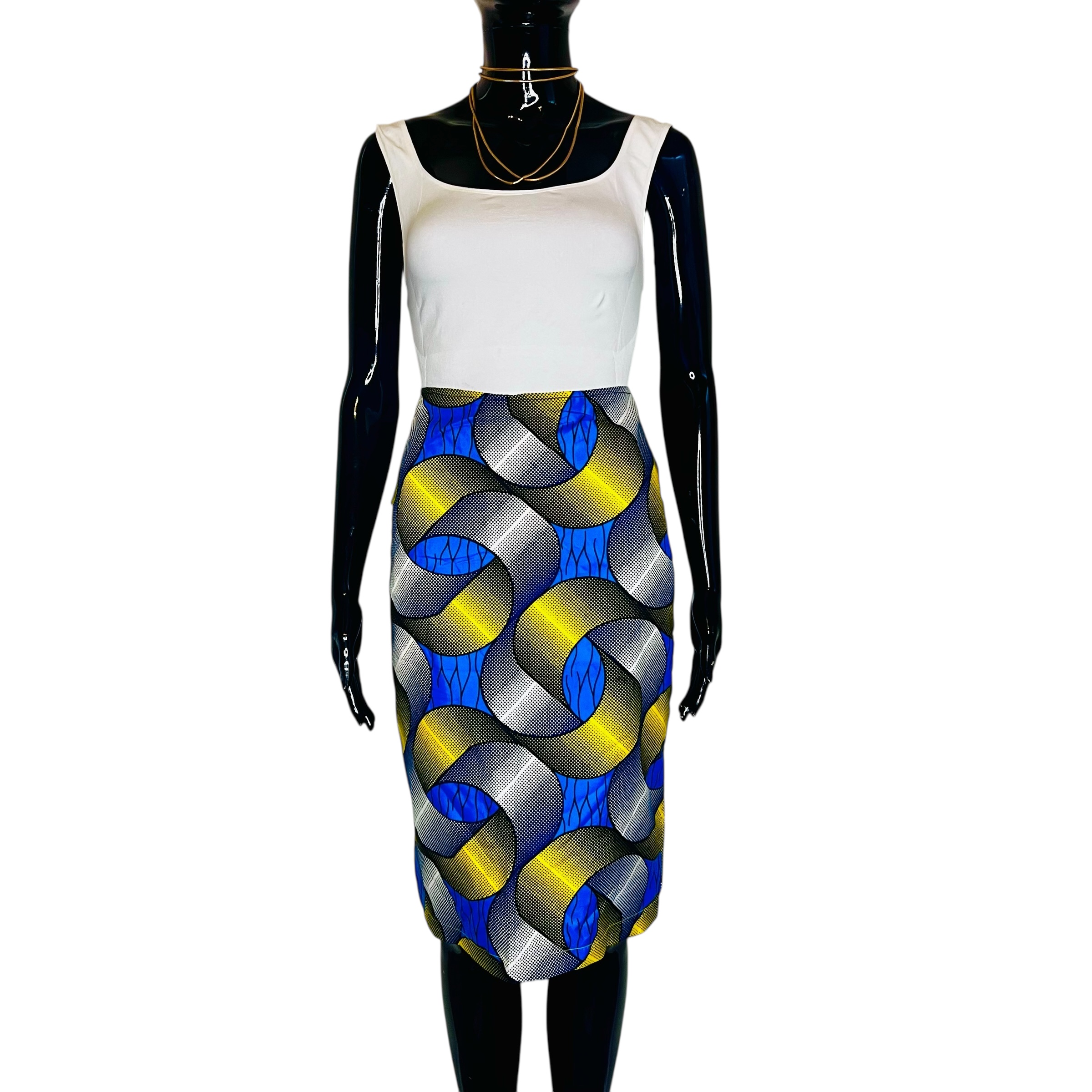 (Medium) Yellow & Blue Women African Prints Pencil Skirt