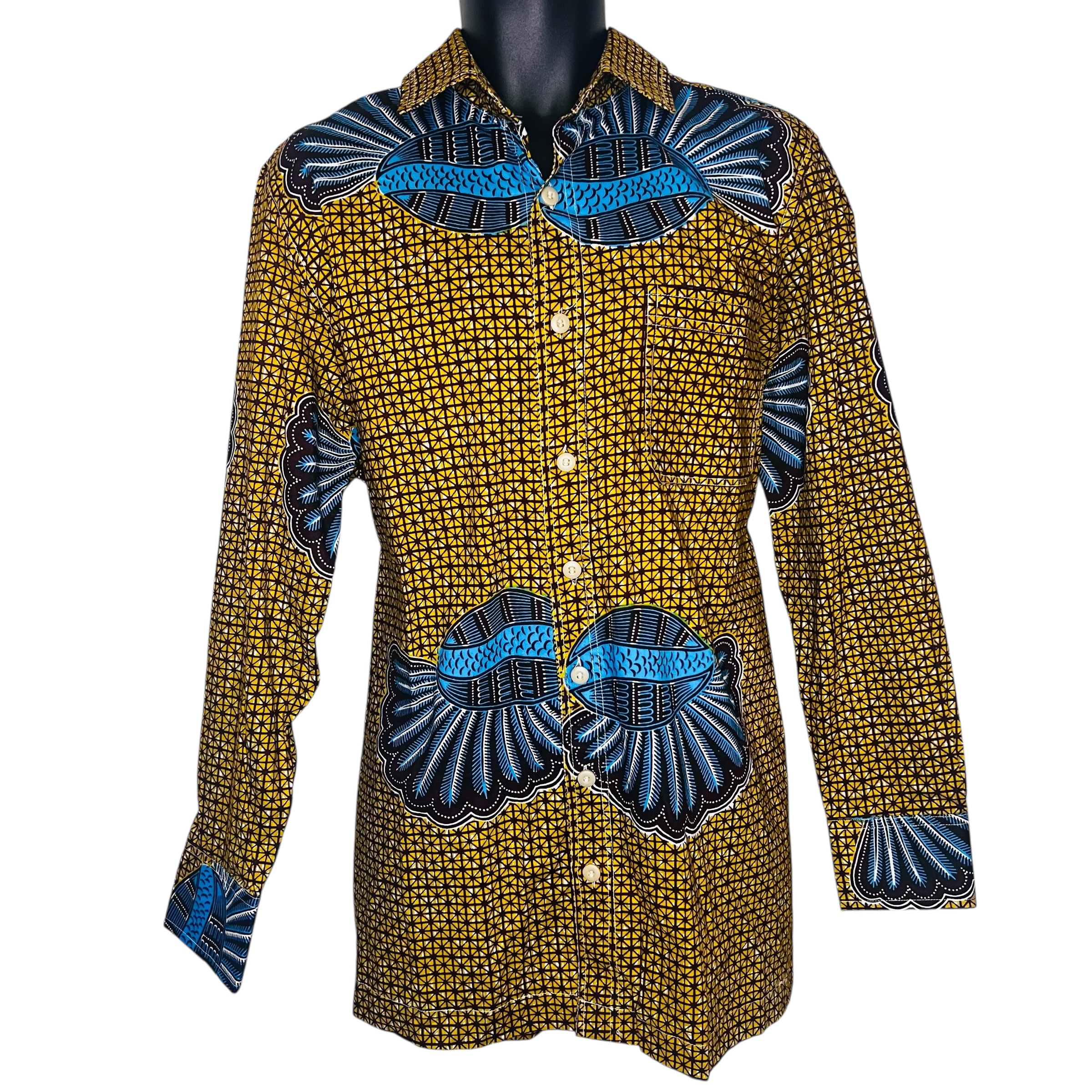 (XL) Mustard Green Men African Print Long Sleeve Collar Shirt