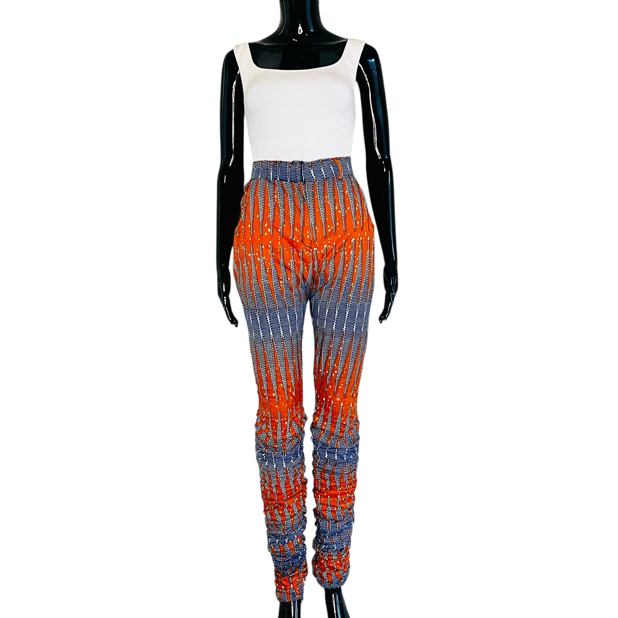 (Large) Orange & Blue Women African Print Scrunched Pants