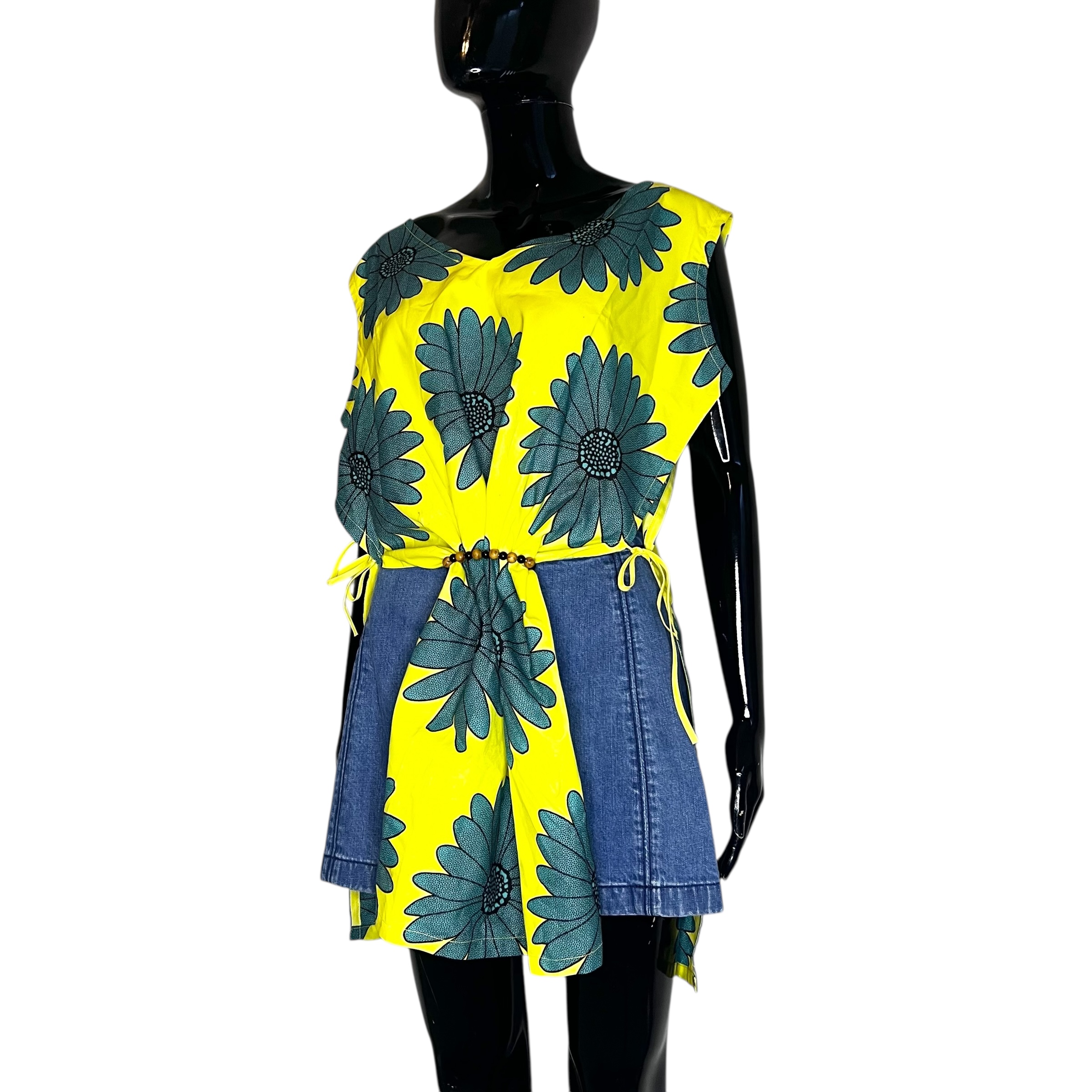 (One Size) African Print Yellow & Turquoise Flowers Women Long Blouse