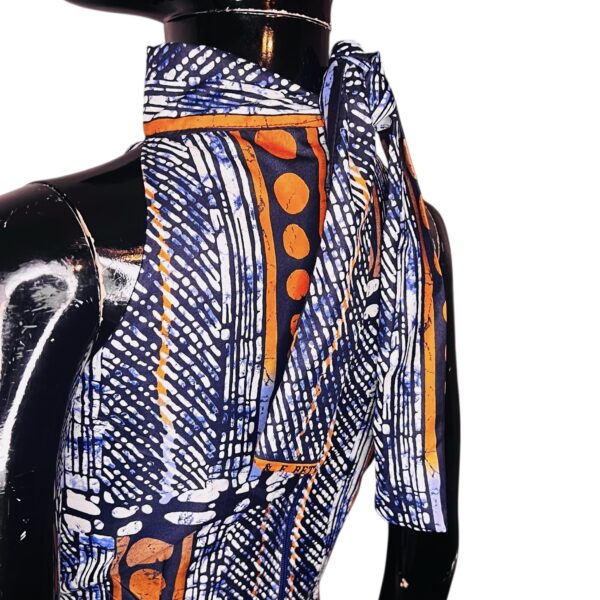 (Small) Blue & Orange Women Turtleneck Tie, Long Loose Fit Dress - Image 5