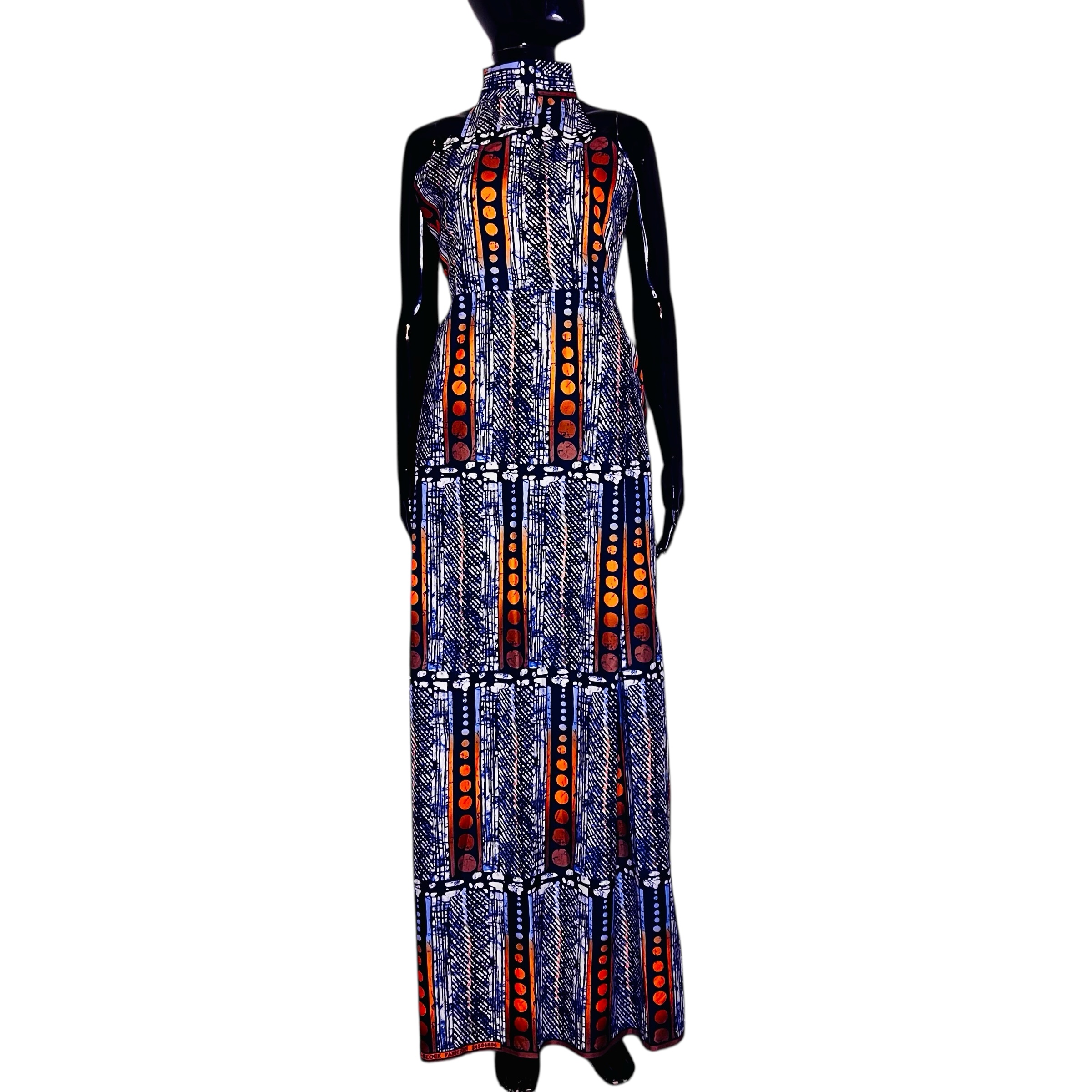 (Small) Blue & Orange Women Turtleneck Tie, Long Loose Fit Dress