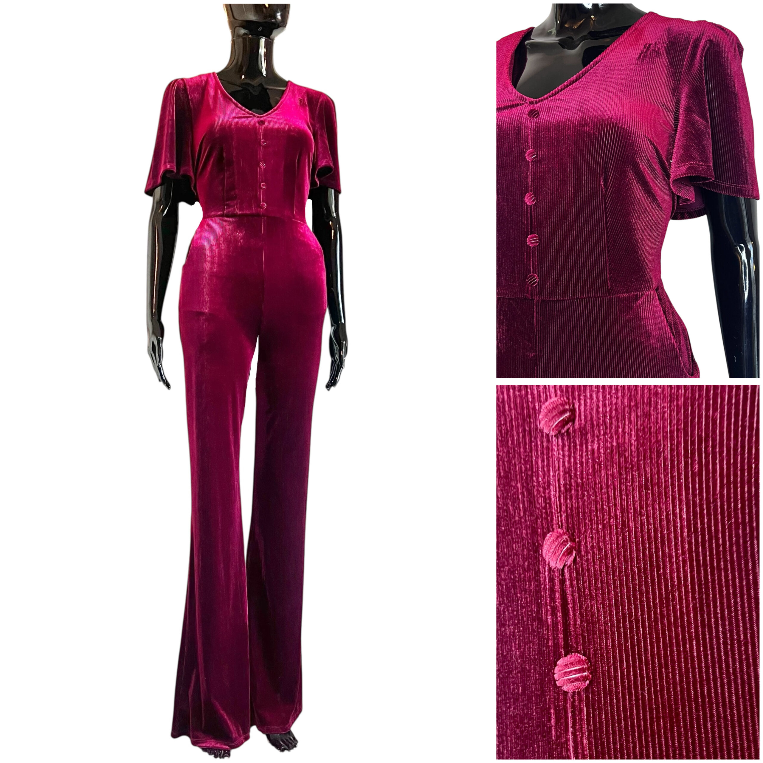 (Medium) Velvet Stretchy Maroon Women Bell Bottom Romper/ Jumpsuit/ One Piece