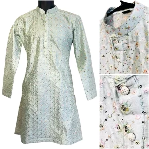(Small) Light Green Mid East Fully Embroidered Men Long Shirt/Top