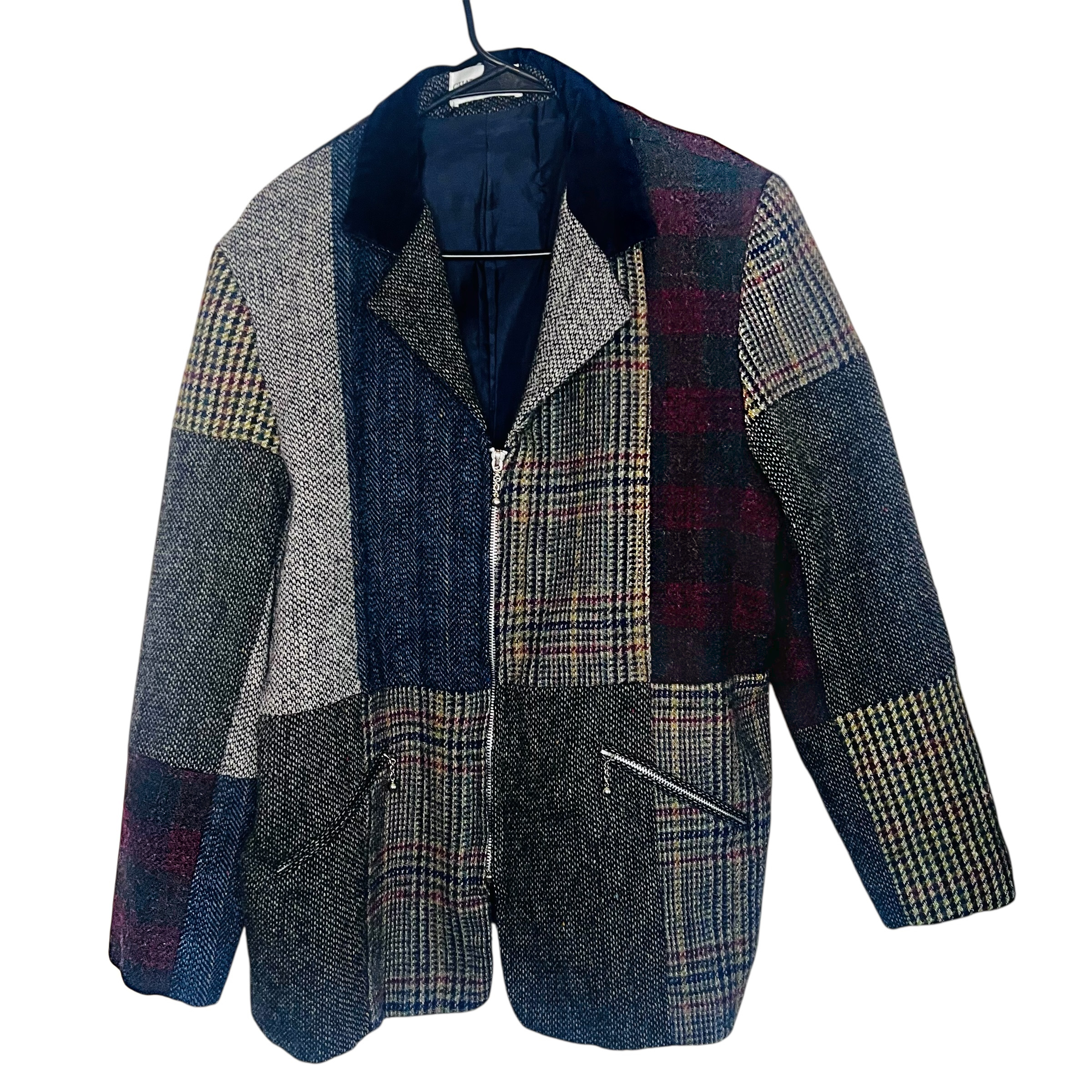 (Large) Plaid Patched Gray & Multicolor Unisex Vintage Wool Blazer