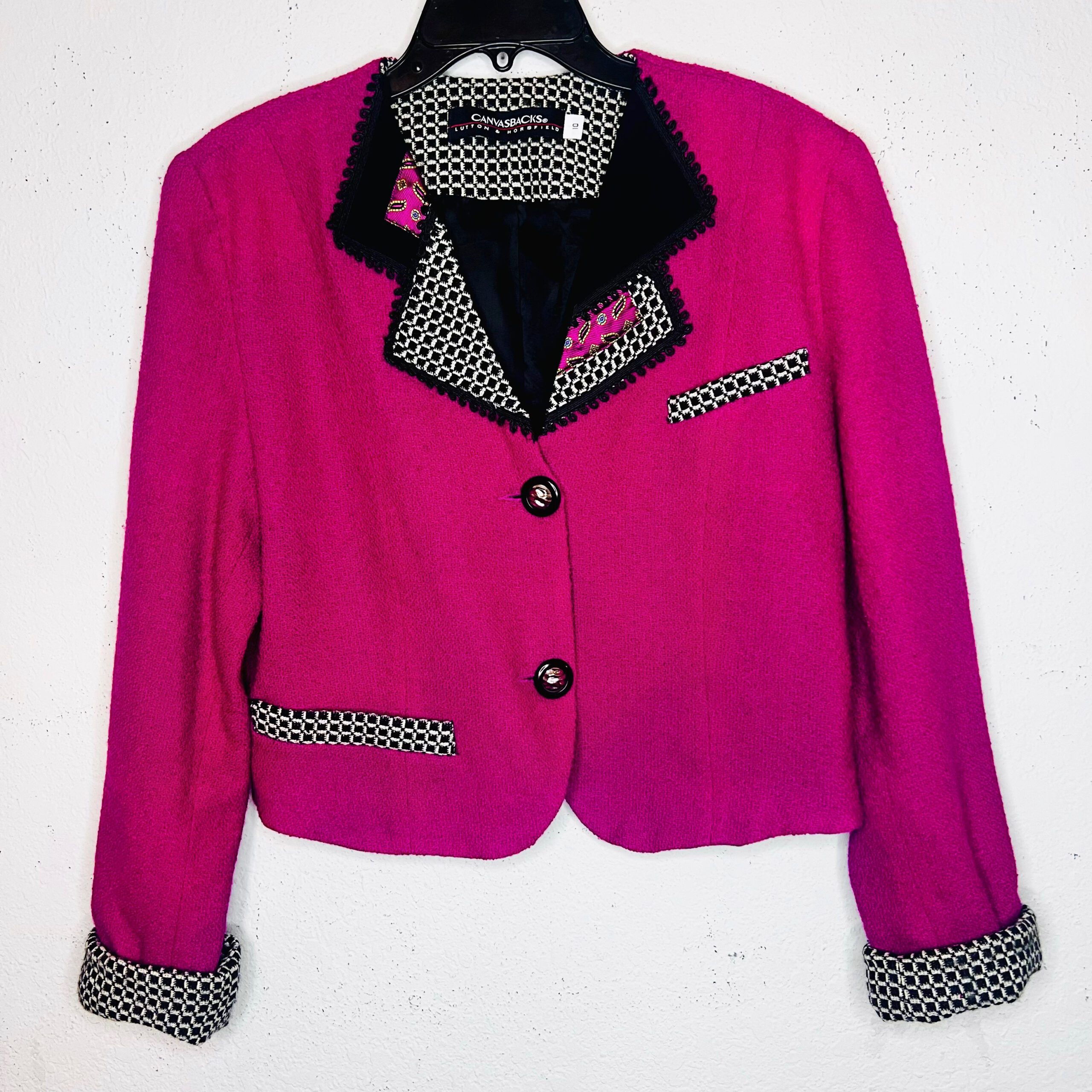 (Large) Vintage Hot Pink Women Blazer w/ Plaid Embroidered Detail