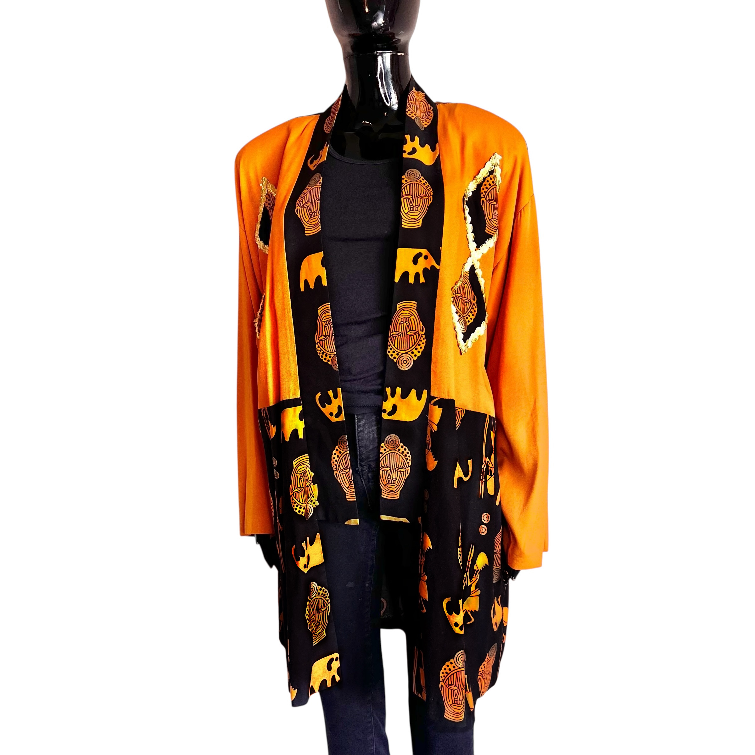 (One Size) Vintage Burnt, Orange And Black, Tribal Design, Women Cardigan/Duster