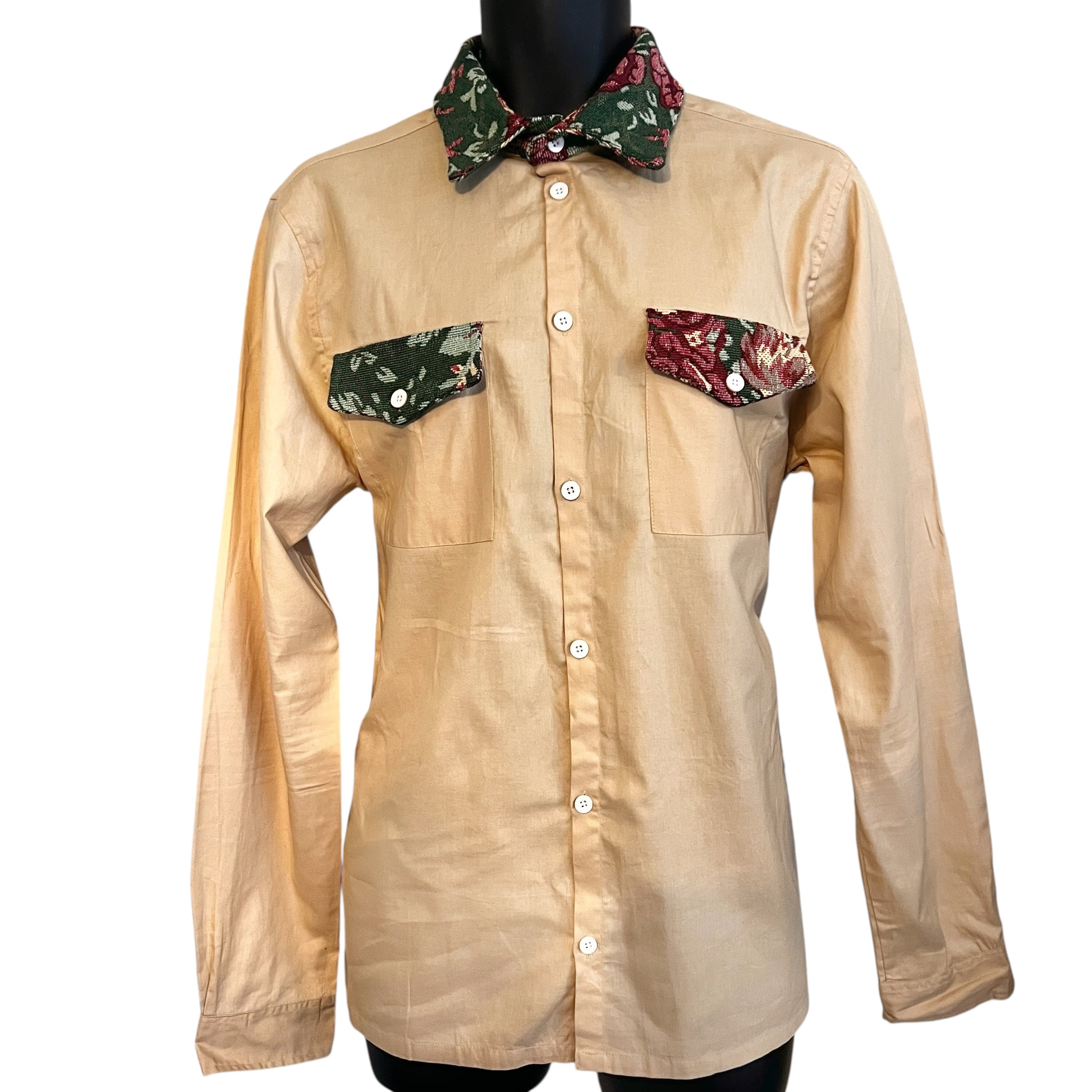(Medium) Victorian Style Embroidery Men Light Brown/ Khaki Colored Collar Shirt
