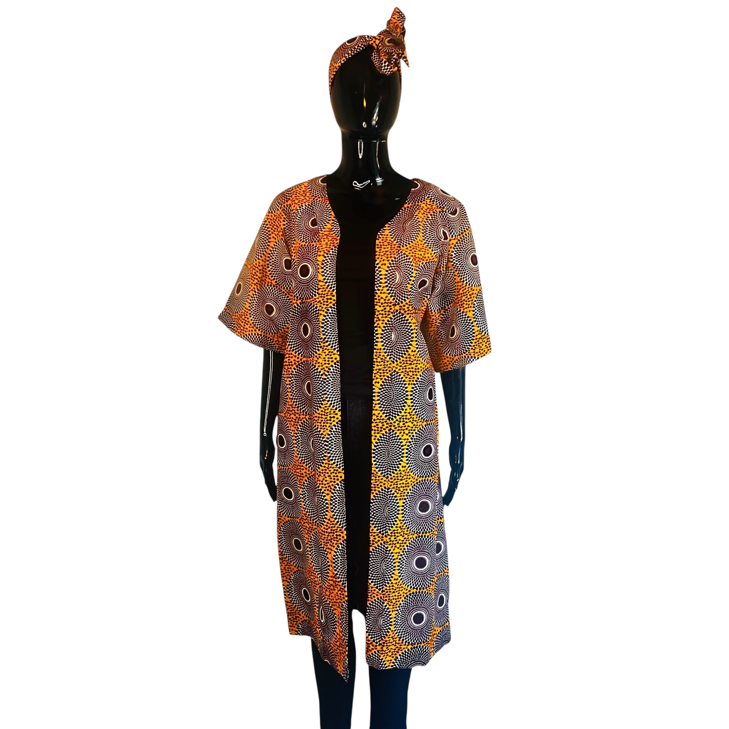 (M/L) Orange & Brown Circular African Print Women Short Sleeve Duster/Cardigan & Scarf