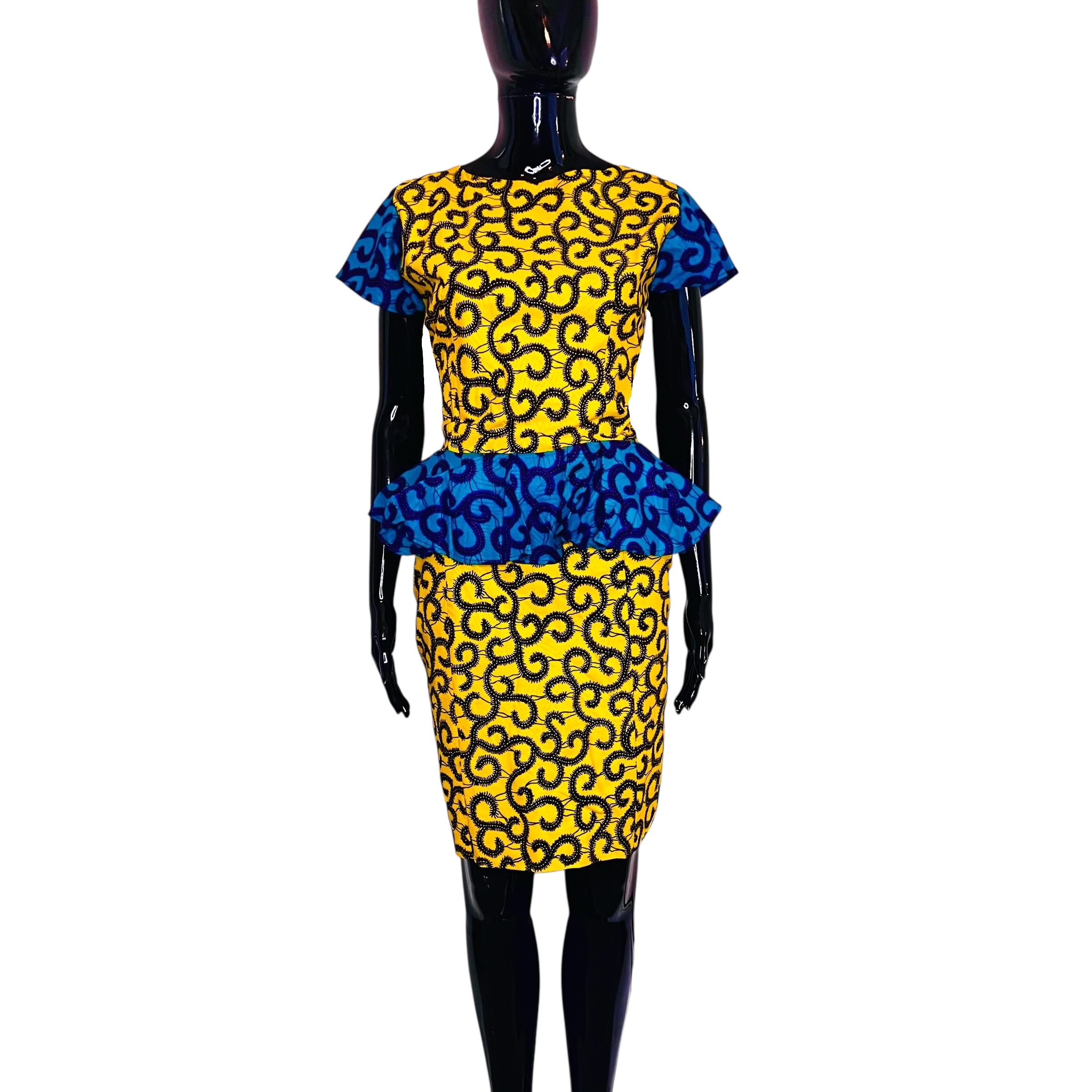 (Medium) Yellow & Turquoise Women African Print Midi Dress