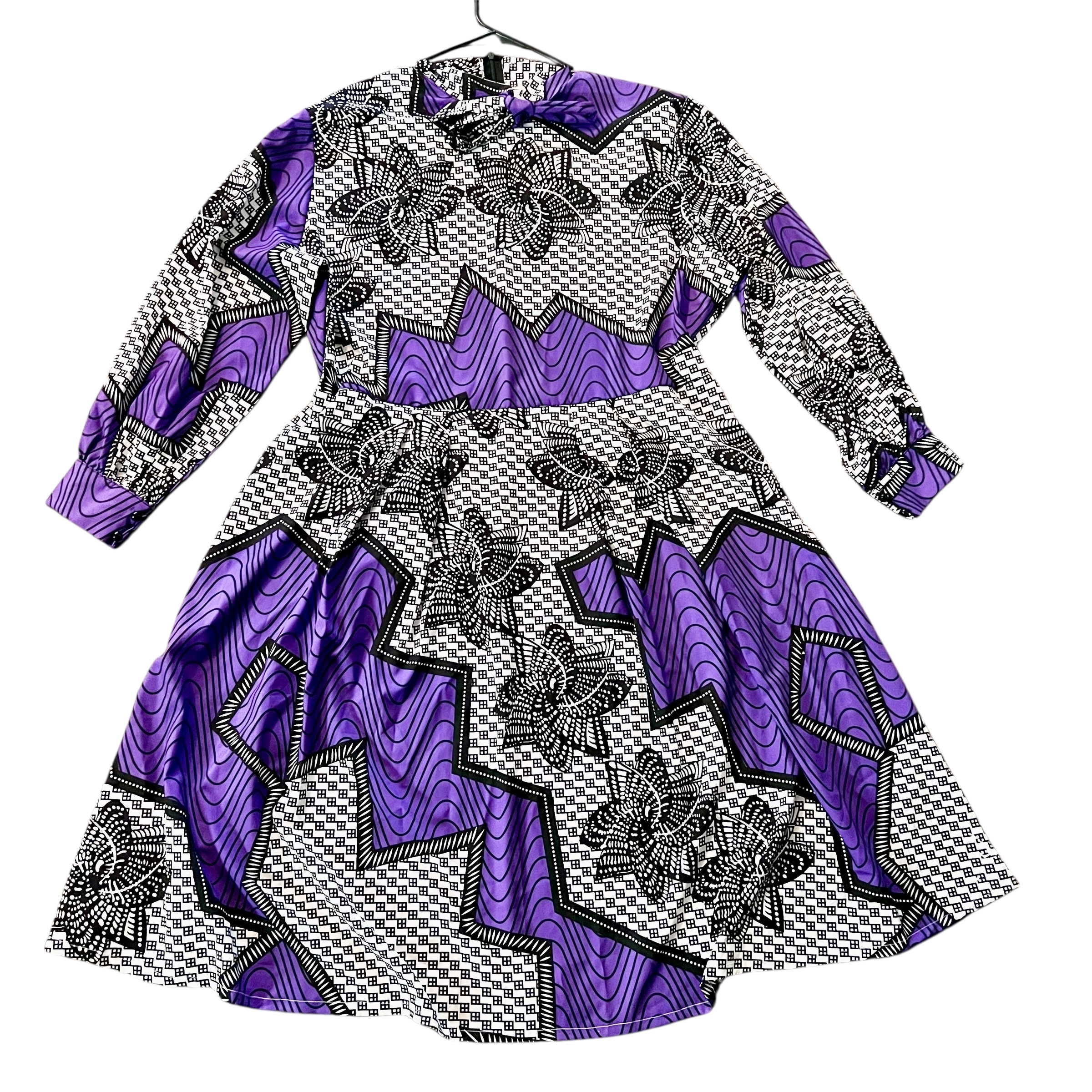 (2XL) Purple, Black, & White Women African Print Bowtie Flowing Dress