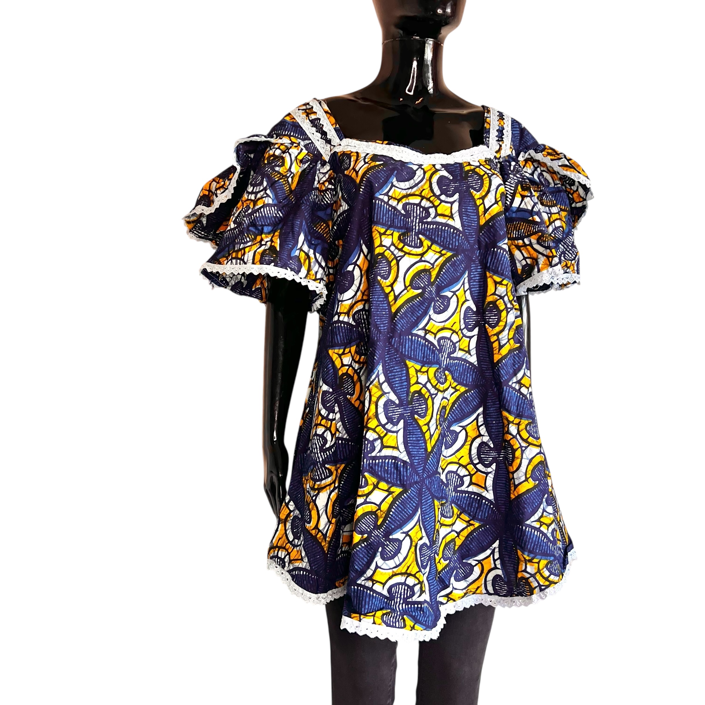 (S/M) African Print Blue Flair Out Flared Sleeve Women Dress