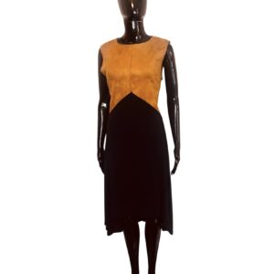 Women Suede Texture Carmel Top Flowing Black Midi Asymmetrical Dress