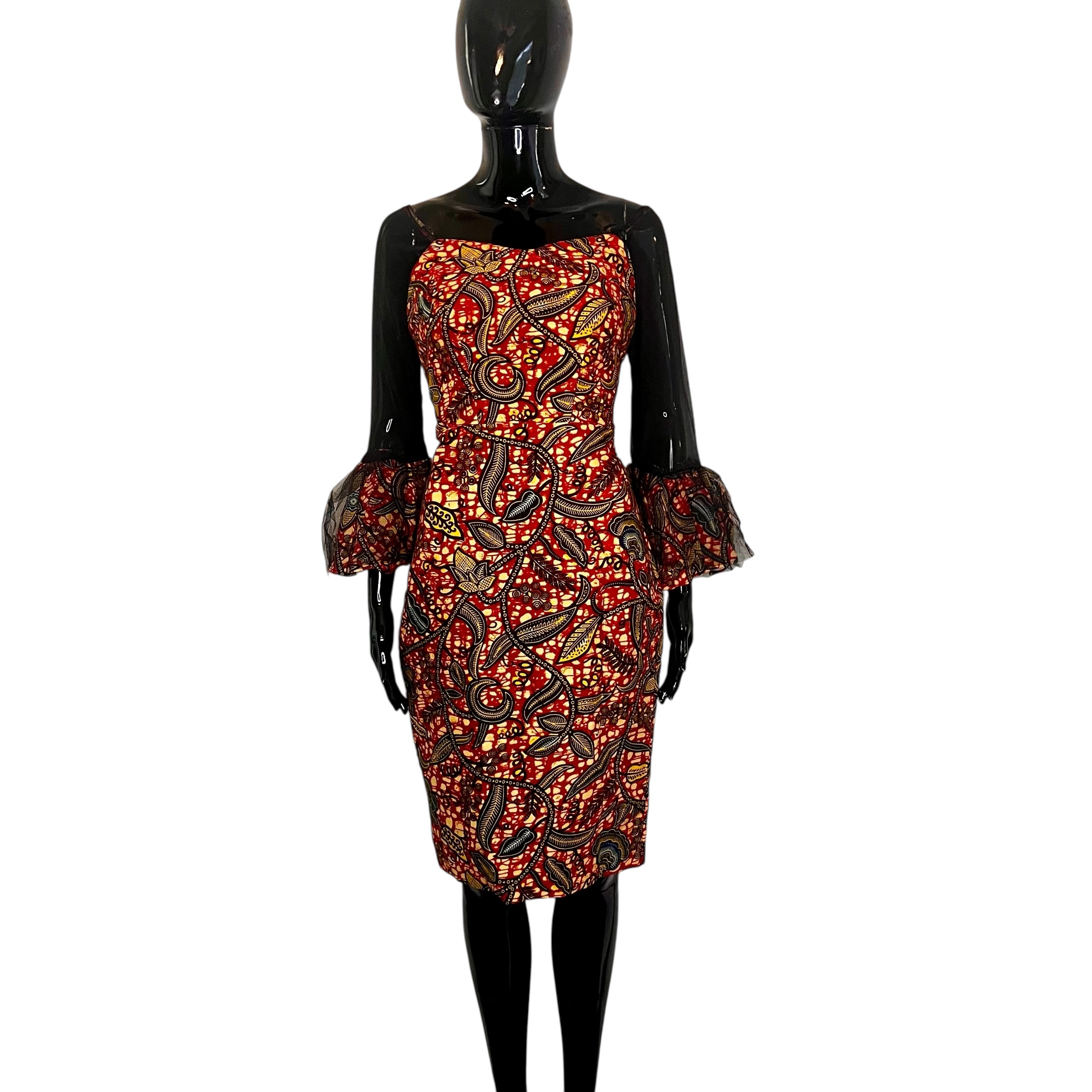 (Small/Medium) Red & Yellow Floral African Print Women Dress w/ Black Mesh Sleeves
