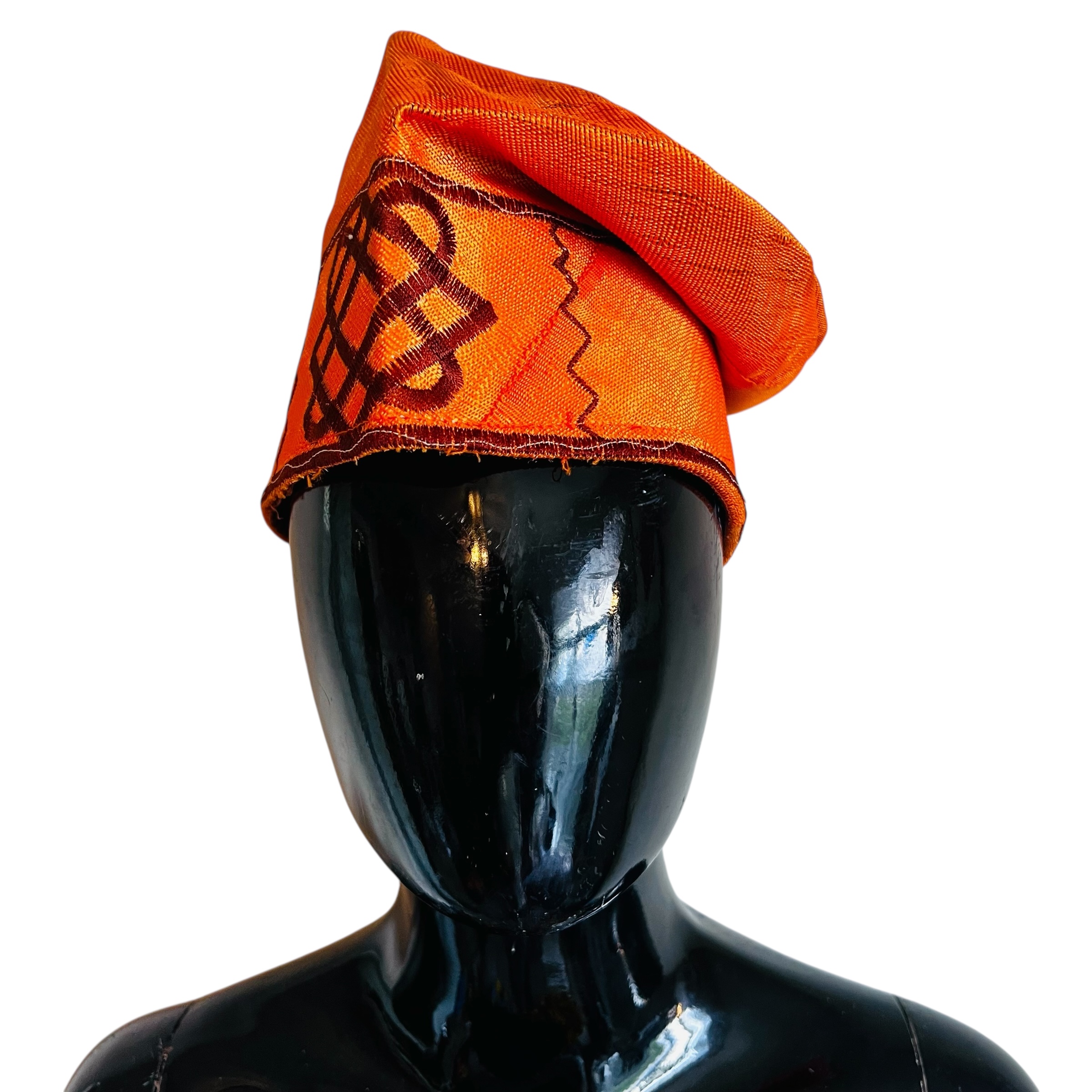 African, Nigerian Yoruba Fila Orange Traditional Head Cap w/ Brown Embroidery