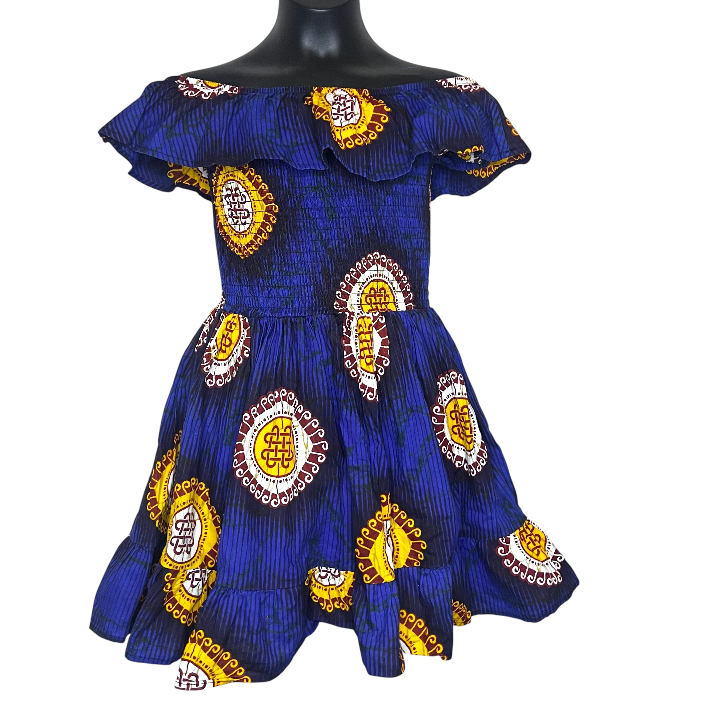 (Size- 7 girls) Blue Shirred Girl African Print Flowing Dress