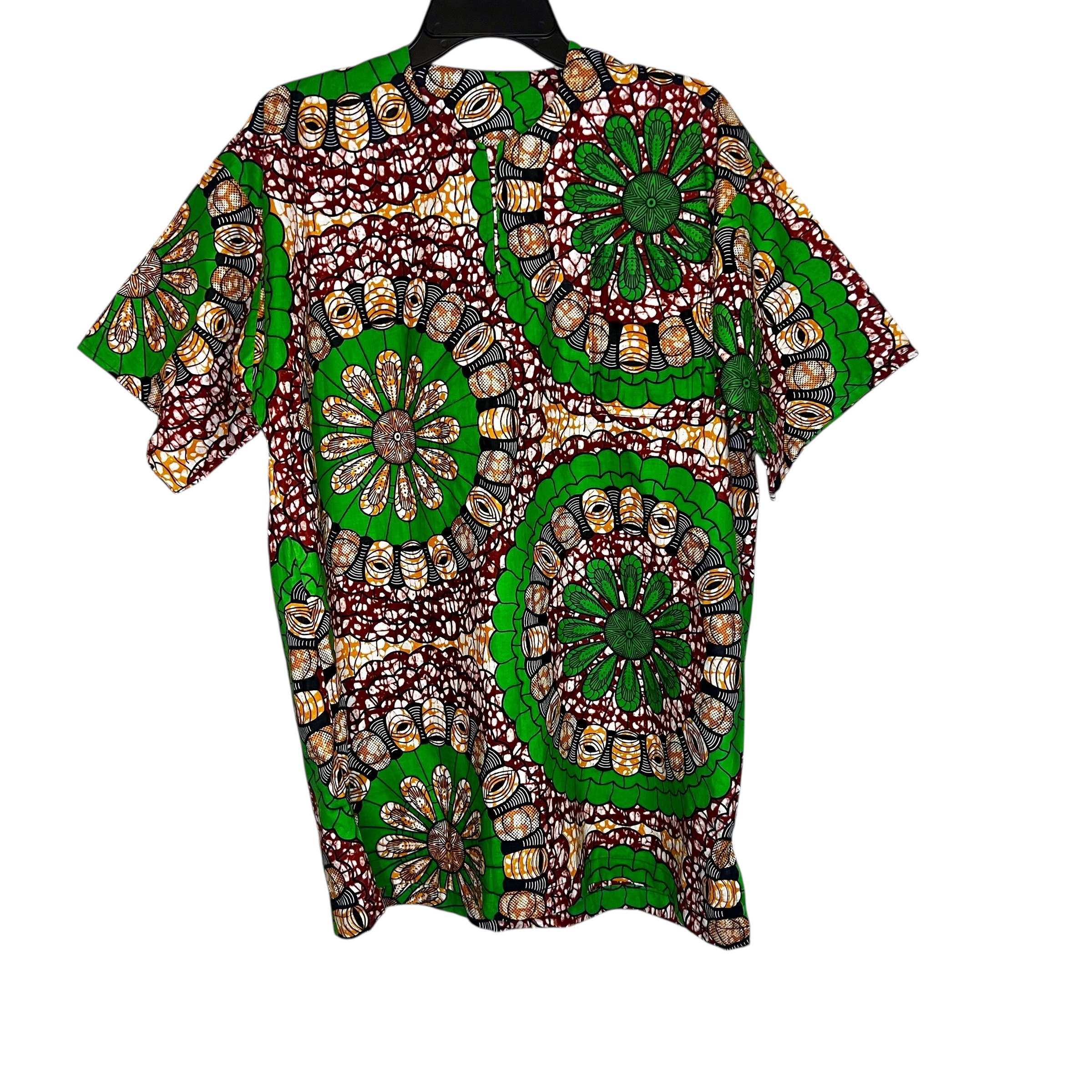 (Large) Circular Green, Maroon & Orange Men African Print Short Sleeve Shirt/ Dashiki