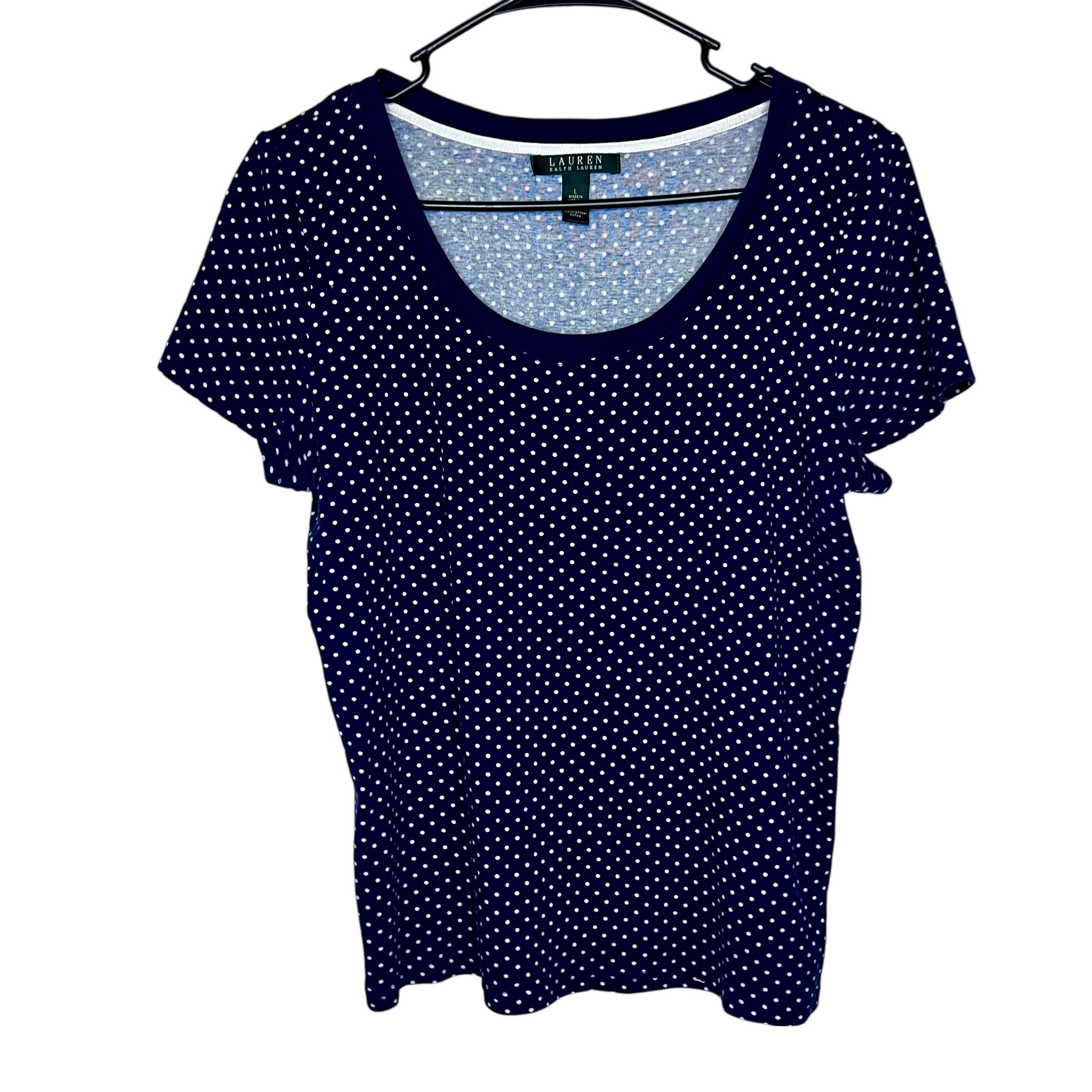 (Large)Ralph Lauren Women Blue & White Polkadots Blouse