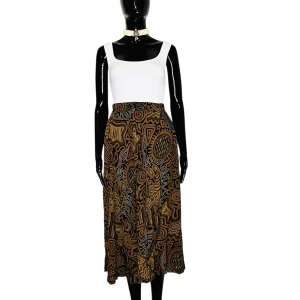 (One Size) Brown Abstract Print Women Flowing Long Skirt