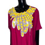 (One Size) Rosy Pink Woman Agbada/ Kaftan Long Dress w/ Yellow & Silver Shine Detail - Image 2