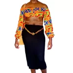 Orange & Multi- Color African Ghana Print Women Puff Long Sleeve Crop Top - Image 2
