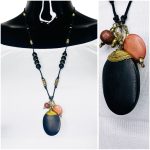 Black & Gold Beaded Long Necklace w/ Oval Shaped Pendent