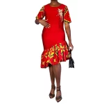 (2XL) Red Fitted Women Dress w/ Asymmetrical African Ankara Print & Embroidery