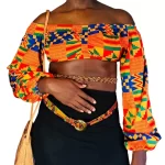 Orange & Multi- Color African Ghana Print Women Puff Long Sleeve Crop Top - Image 3