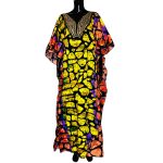 (One Size) African Print Multicolor Long Loose Fit Kaftan/ Agbada w/ Gold Beaded Embroidery - Image 2
