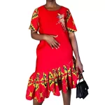 (2XL) Red Fitted Women Dress w/ Asymmetrical African Ankara Print & Embroidery - Image 4