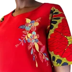 (2XL) Red Fitted Women Dress w/ Asymmetrical African Ankara Print & Embroidery - Image 6